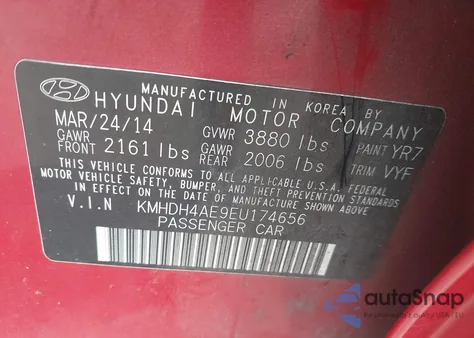 2014 Hyundai Elantra Se from USA, damaged, VIN KMHDH4AE9EU174656